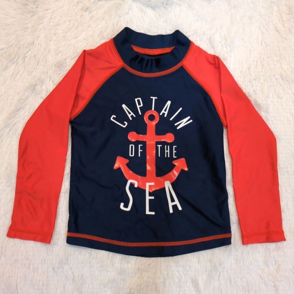 Carters Rashguard Swim Shirt Boys 3T Red Navy Beach Vacation‎ Nautical